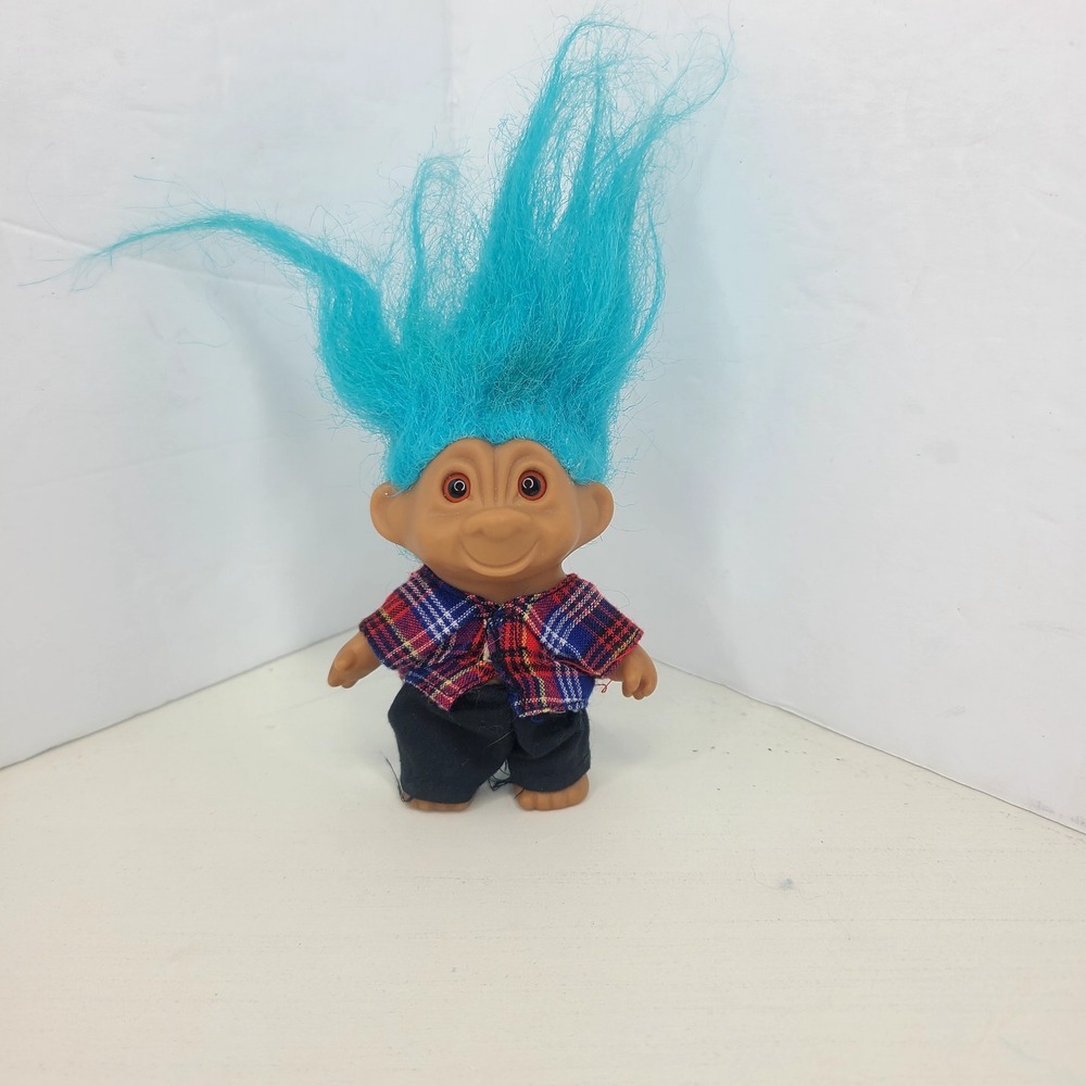 VTG 90's Blue Haired Troll‎ Doll In Grunge Outfit Light Brown Eyes 3"